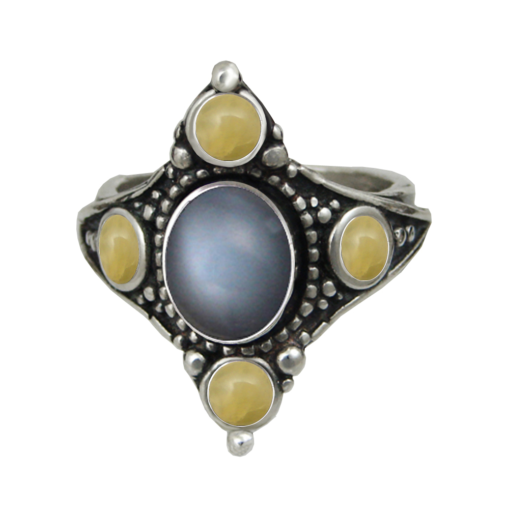 Sterling Silver Renaissance Queen's Ring With Grey Moonstone And Yellow Aragonite Size 9